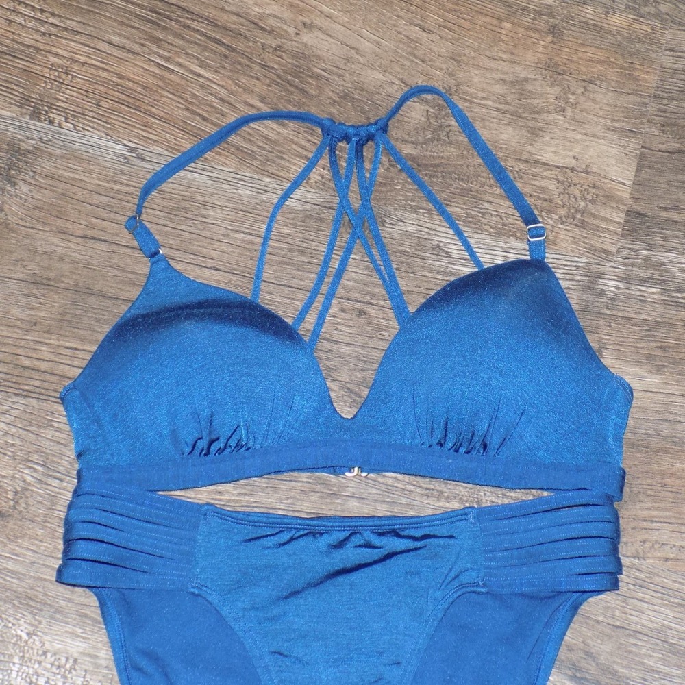 Athleta Bikini Swimsuit Set Womens Small Blue Excellent Strappy Metallic 2PC - Picture 2 of 7